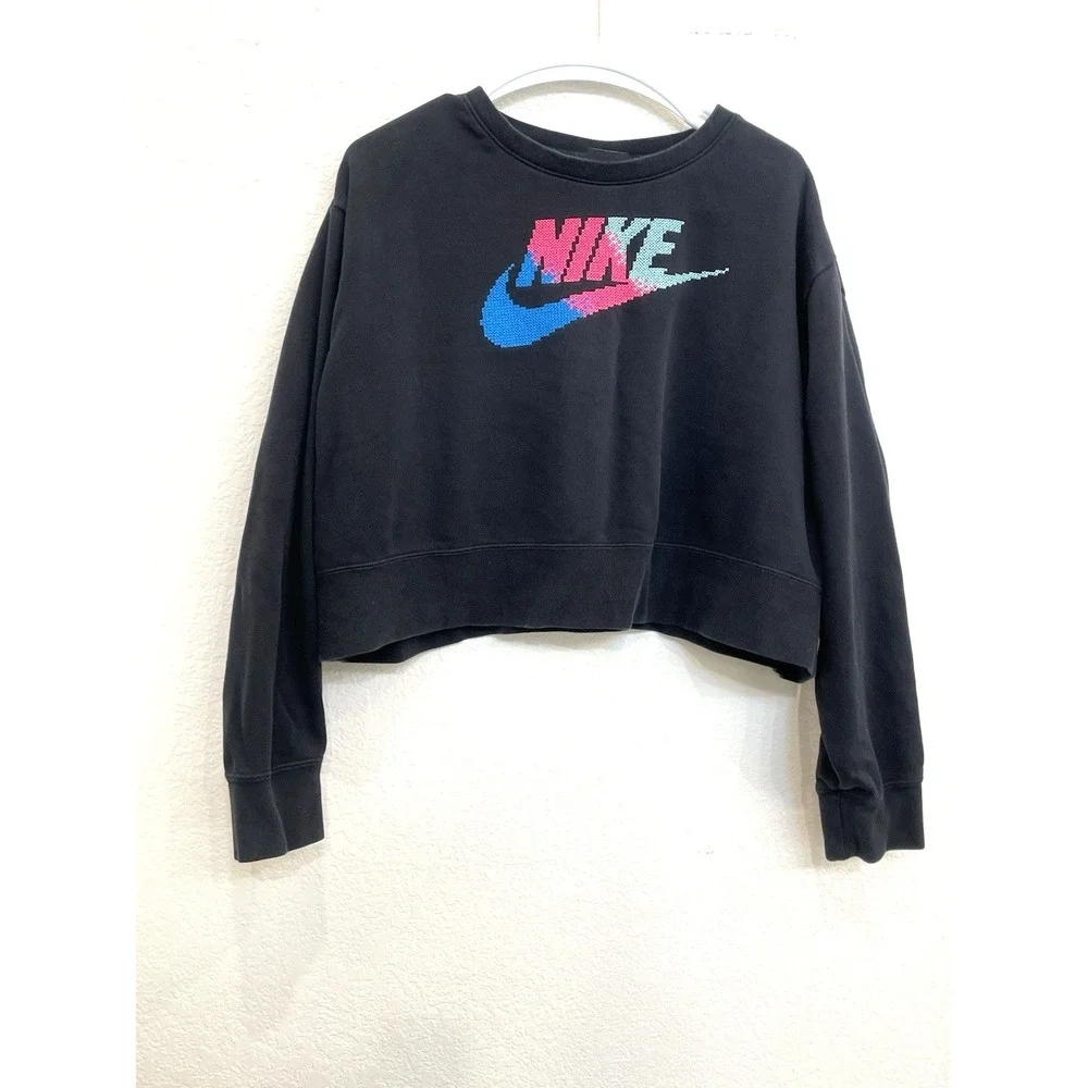 Women's Nike Crop top‎ Pullover Sweatshirt Size 1X Black Logo Swoosh Athletic